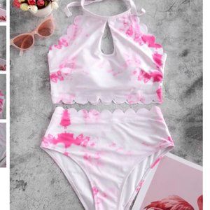 Scalloped high waisted tie dye tankini